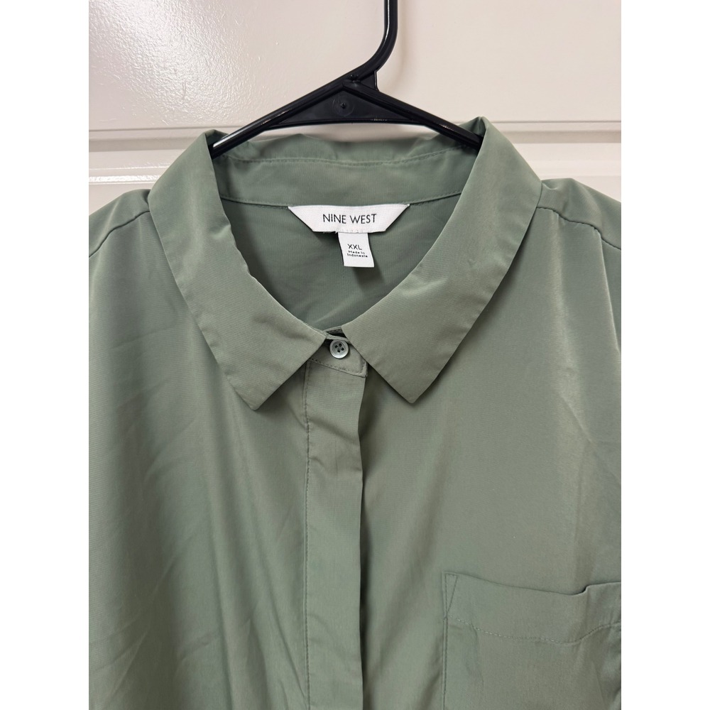 Nine West Womens XXL Sage Green Long Sleeve Button Down Blouse Top Pocket